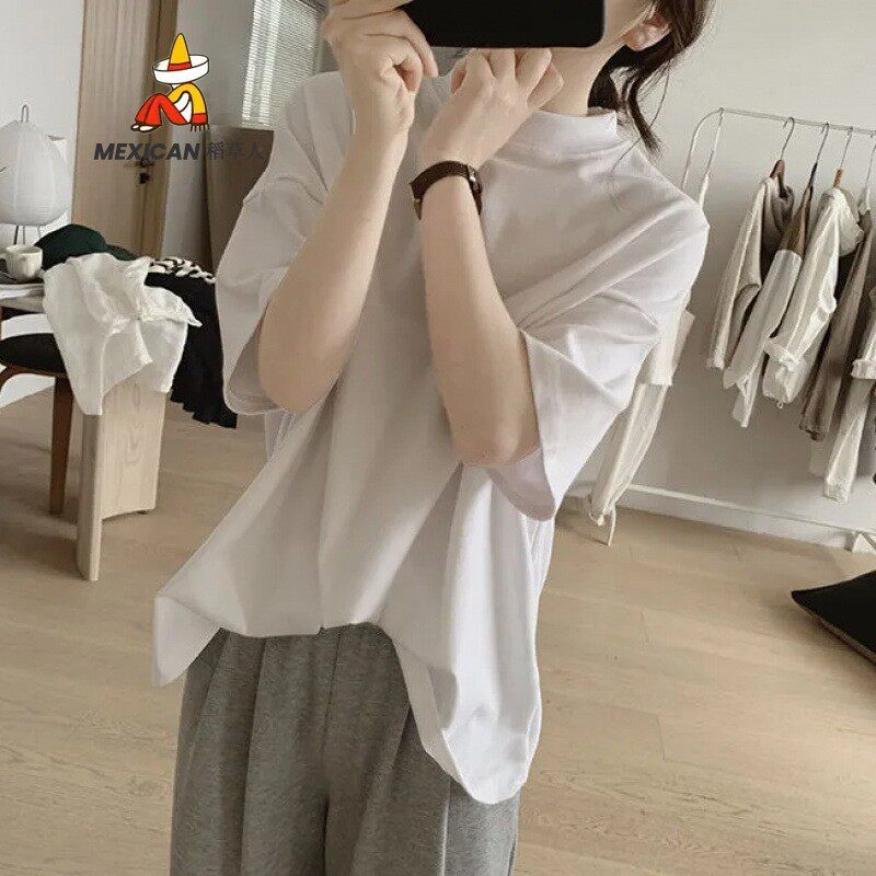 稻草人半高领T恤女式春夏季新款宽松显瘦韩版简约半袖减龄棉质基