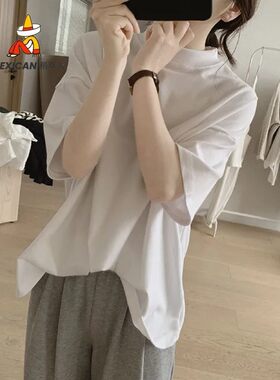 稻草人半高领T恤女式春夏季新款宽松显瘦韩版简约半袖减龄棉质基