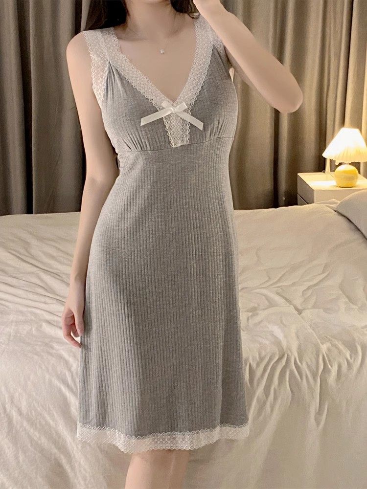 夏带胸垫性感蕾丝花边莫代尔睡裙图片