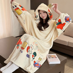 珊瑚绒加厚卡通睡裙女款秋冬季甜美连帽长袖中长款家居服2025新款