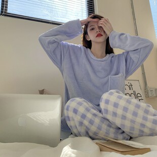 韩国ins泫雅法兰绒格子睡衣女秋冬季网红同款可外穿珊瑚绒家居服