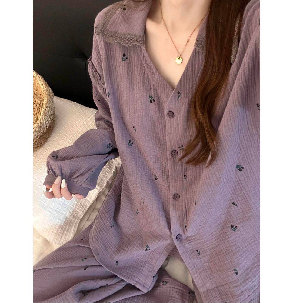 韩版紫色碎花棉纱睡衣女2025春秋新款大码长袖套装舒适家居服套装