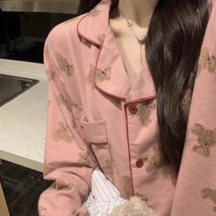韩系ins睡衣女士春秋季卡通小熊纯棉麻长袖长裤家居服套装可外穿