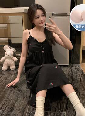 女夏季黑色性感风夏天中长款睡衣
