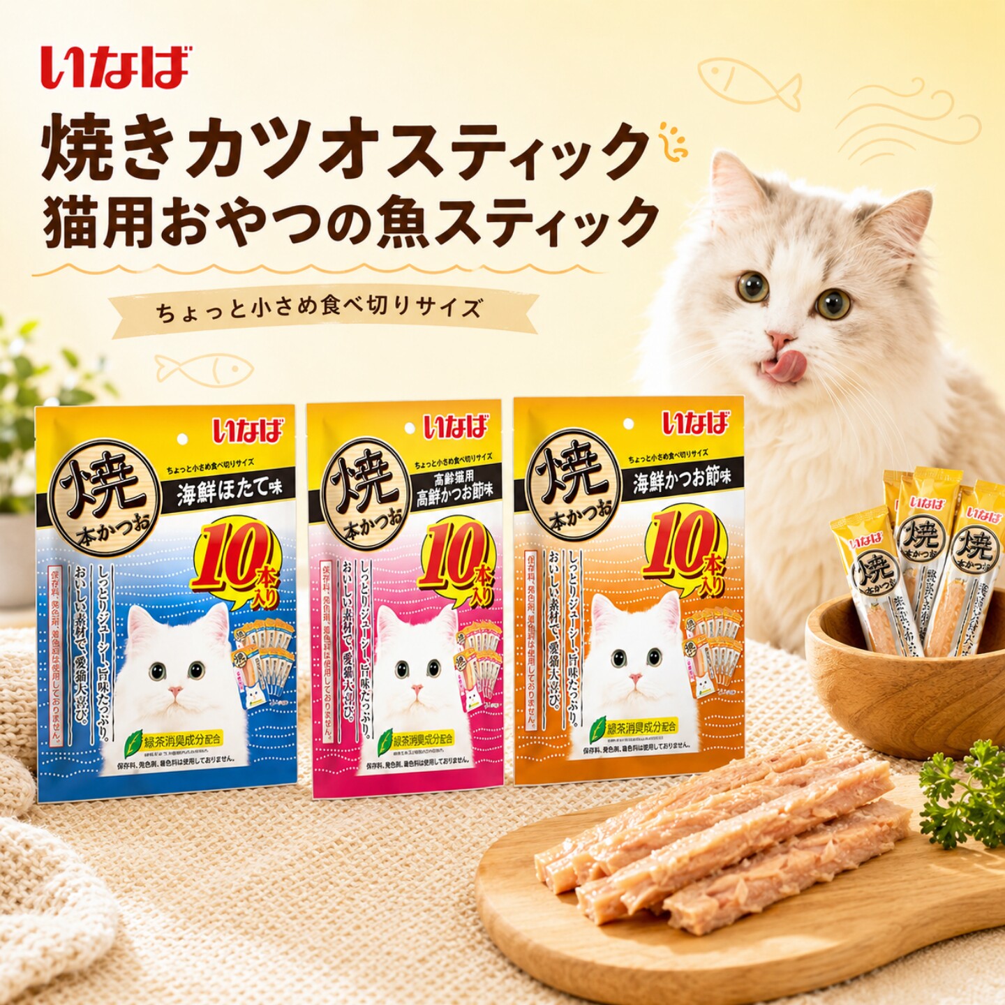 日本进口伊纳宝猫零食10个装多口味肉干营养美味软嫩多汁猫咪零食