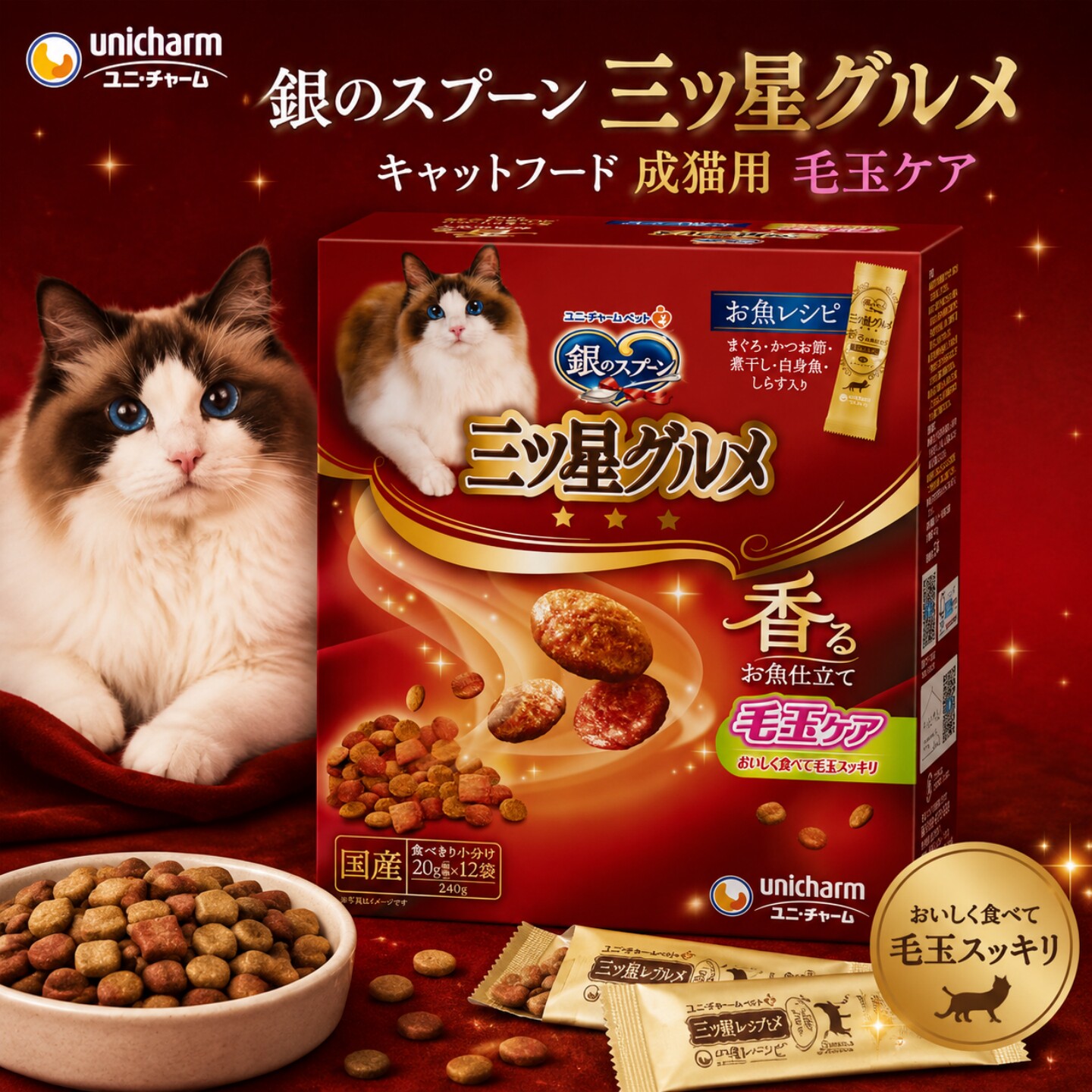 日本进口银勺三星美食家香脆夹心饼干泌尿化毛洁齿猫粮成猫专用