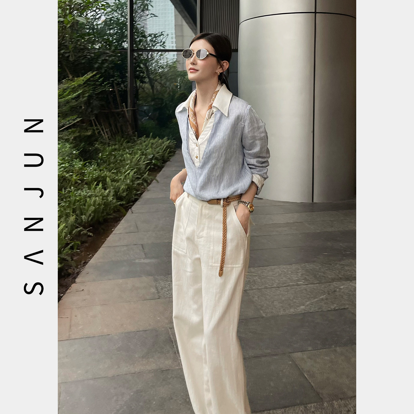 SANJUN高端定制【清韵留白】高腰垂感老钱风西装直筒休闲裤 1110