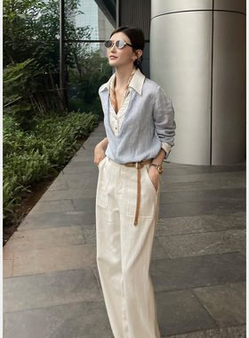 SANJUN高端定制【清韵留白】高腰垂感老钱风西装直筒休闲裤 1110