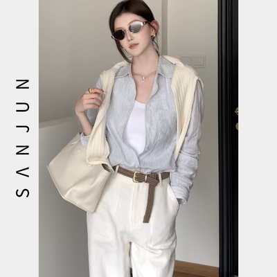 SANJUN高端定制【阑珊】老钱百搭亚麻条纹衬衫 0831