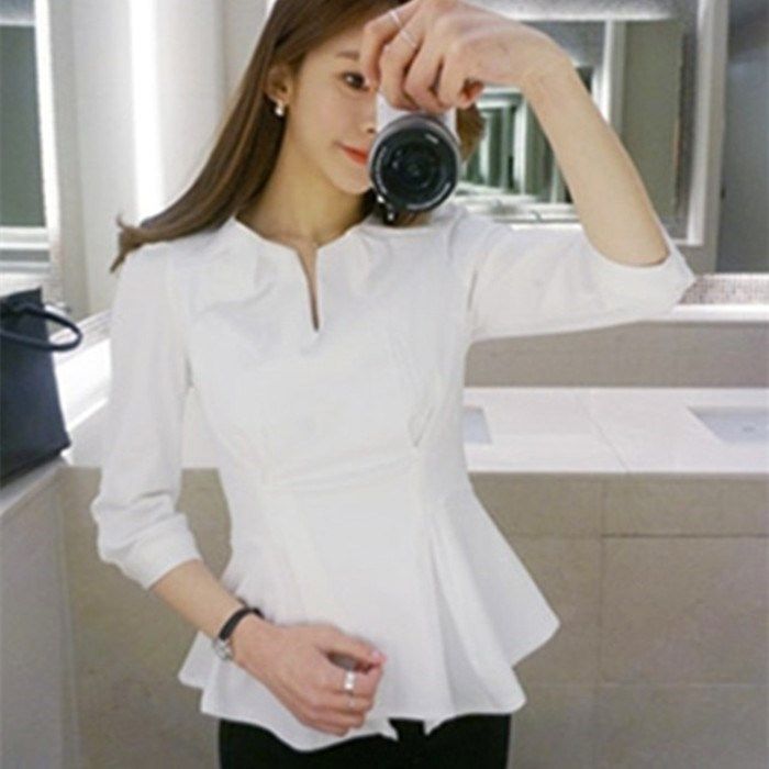 2018收腰修身衬衫新款女装韩版七分袖V领衬衣荷叶边裙摆上衣|ruв категории Женская одежда, рубашка - от Buy2taobao.com для оказания профессиональной услуги покупки агента Taobao