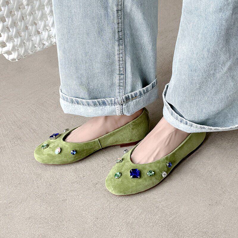 【叶小欧】法式水钻单鞋2026新绿色浅口平底百搭奶奶鞋配裙子女鞋