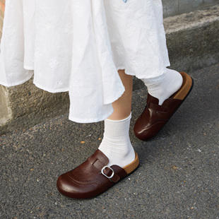 【叶小欧】复古勃肯鞋厚底外穿半包拖鞋一脚蹬包头女鞋布洛克皮鞋