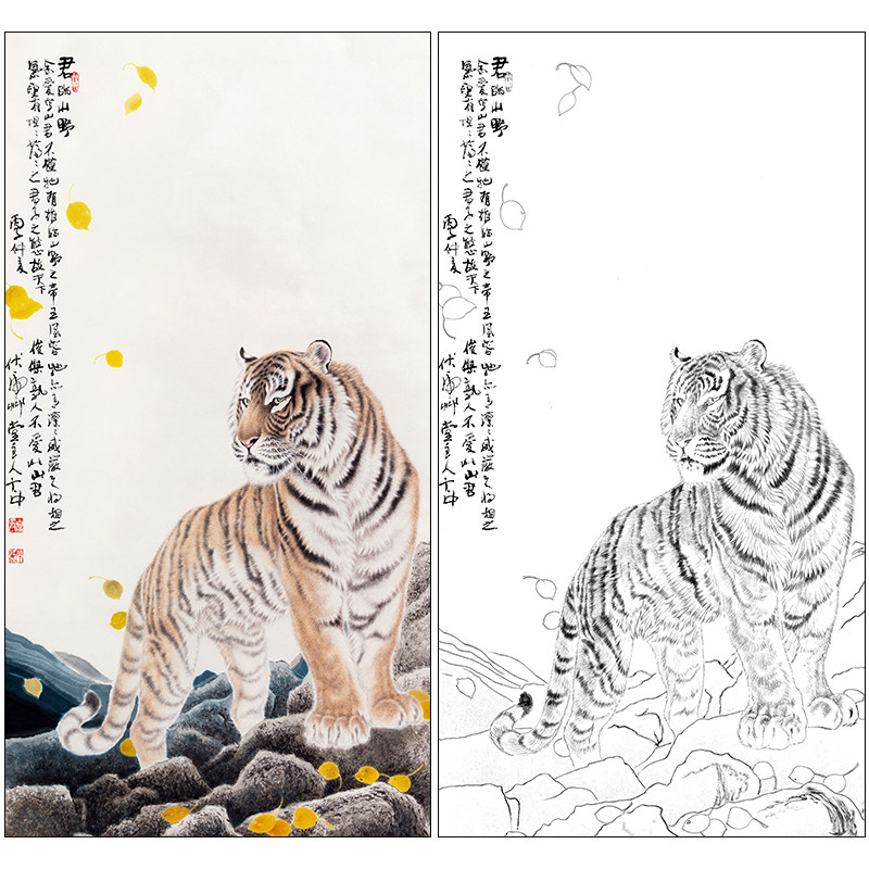 老虎工笔画白描底稿冯大中《老虎》动物白纸临摹实物打印线稿DZ02