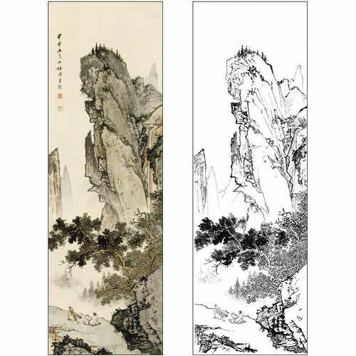 陈少梅山水工笔画白庙线稿实物稿