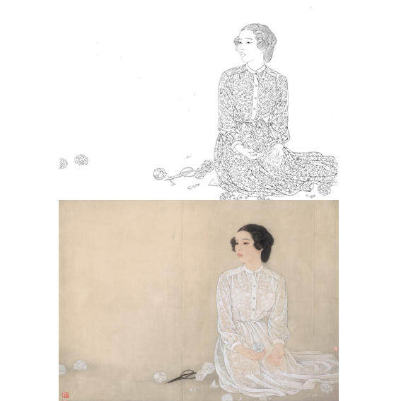 何家英清明白描底稿工笔画现代人物临摹勾线实物打印线稿zv18