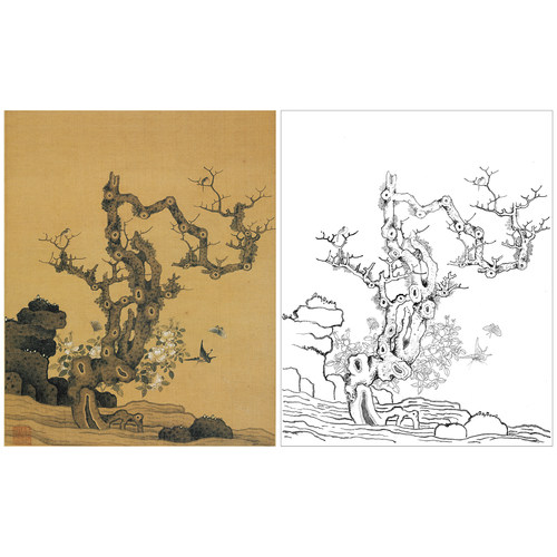 陈洪绶 花鸟工笔画白描底稿《古干映春禽》小品初学临摹线稿Q059