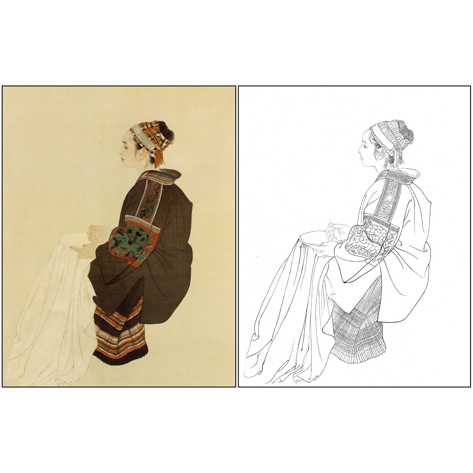 工笔画白描底稿何家英人物现代人物绣女原作尺寸打印实物线稿ZV26