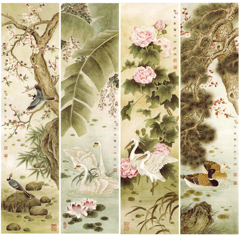 工笔花鸟白描底稿四尺六尺对开四条屏国画白描临摹实物打印稿tp13