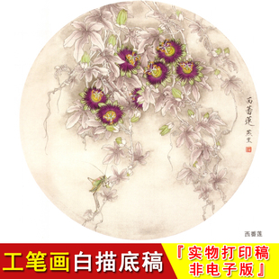 线稿A414 工笔画白描底稿国画团扇小品西番莲圆形花鸟 梁燕生