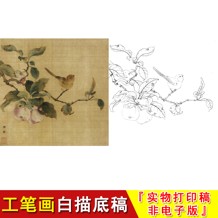宋画花鸟小品工笔白描底稿林椿果熟来禽图高清国画临摹打印稿GH08