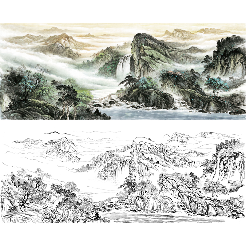 工笔画山水白描底稿国画横幅勾线临摹实物打印线稿非宣纸FS14