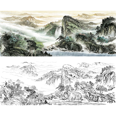山水画白描底稿打印工笔线稿大幅
