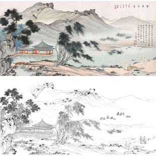 工笔画白描底稿画稿 横幅山水 大幅高清实物打印线稿临摹勾线BX08