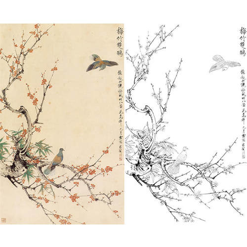 梅花斑鸠工笔画白描线稿非宣纸稿