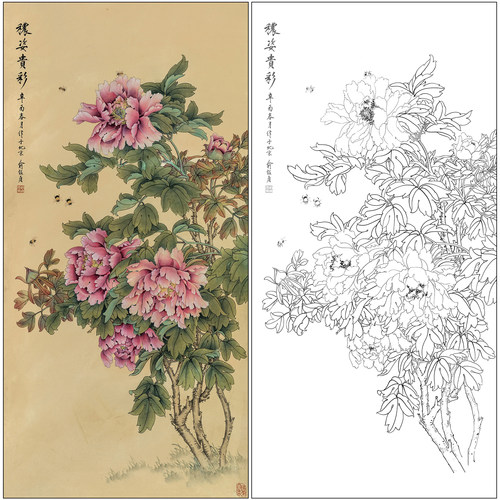 工笔画白描底稿俞致贞牡丹花鸟《秾姿贵彩》四尺六尺打印线稿ZZ79