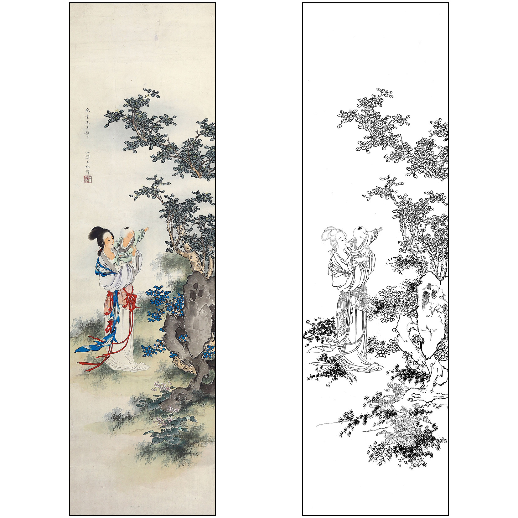 王叔晖仕女人物工笔画白描底稿《母子情深》实物高清打印线稿SH52