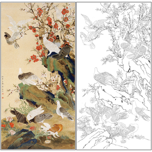 鸽子工笔画白描底稿陈之佛《和平之春》竖幅花鸟四尺打印线稿QA20