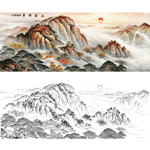 工笔画大幅山水画白描底稿五岳独尊泰山鸿运当头国画打印线稿FS09