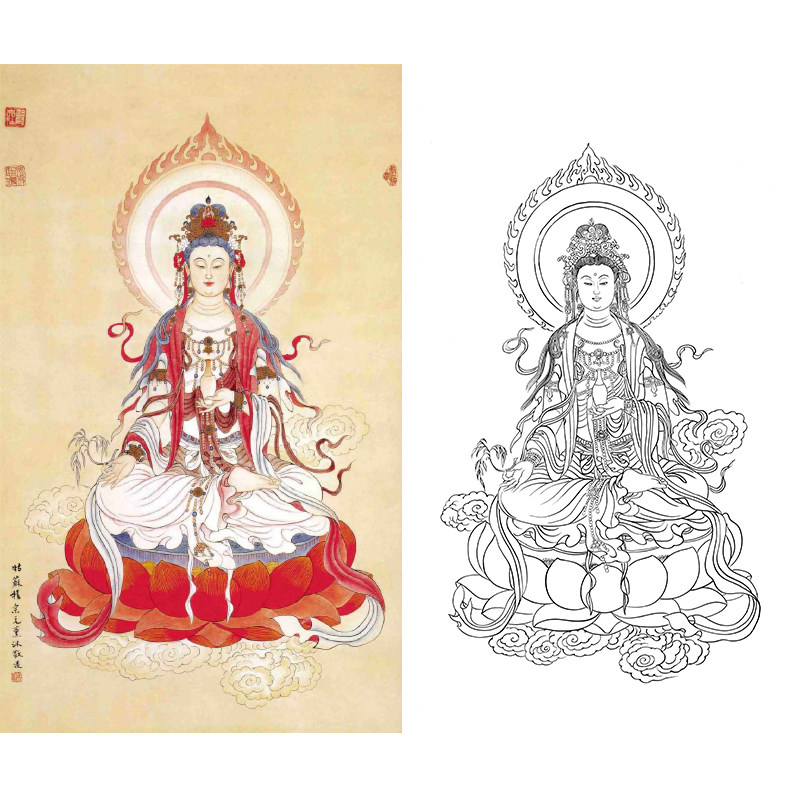 观音工笔画白描底稿神佛人物画稿打印线条非宣纸不能直接上色b090