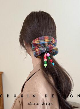 彩虹格子大肠发圈超大头绳皮筋