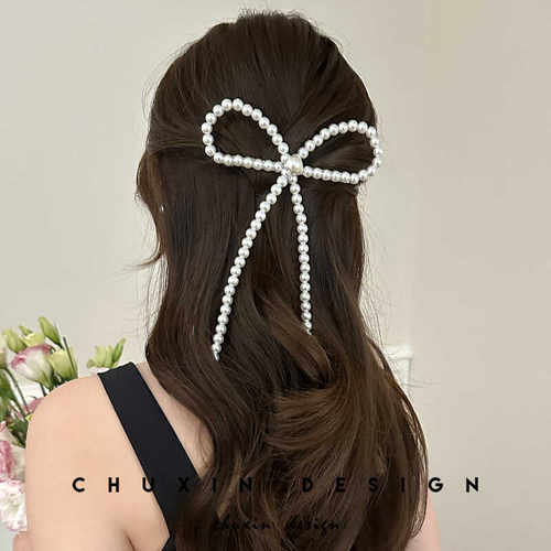 后脑勺蝴蝶结气质顶夹珍珠小众