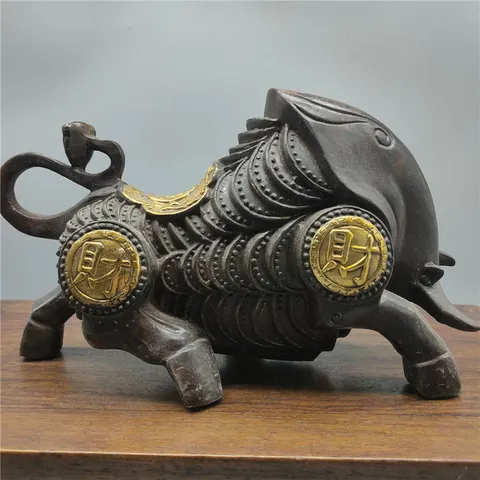 牛新古玩鎏金铜器仿古摆件装饰收藏品大钱做旧黄铜牛工艺品