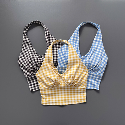 2025新款波点固定杯运动内衣女v领挂脖瑜伽服健身外穿美背背心秋