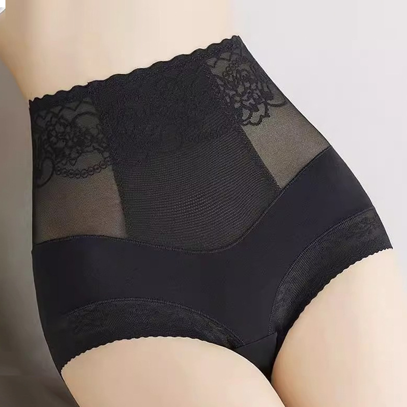 中高腰收腹内裤收小肚子提臀蕾丝透气薄款纯棉防卷边三角短裤