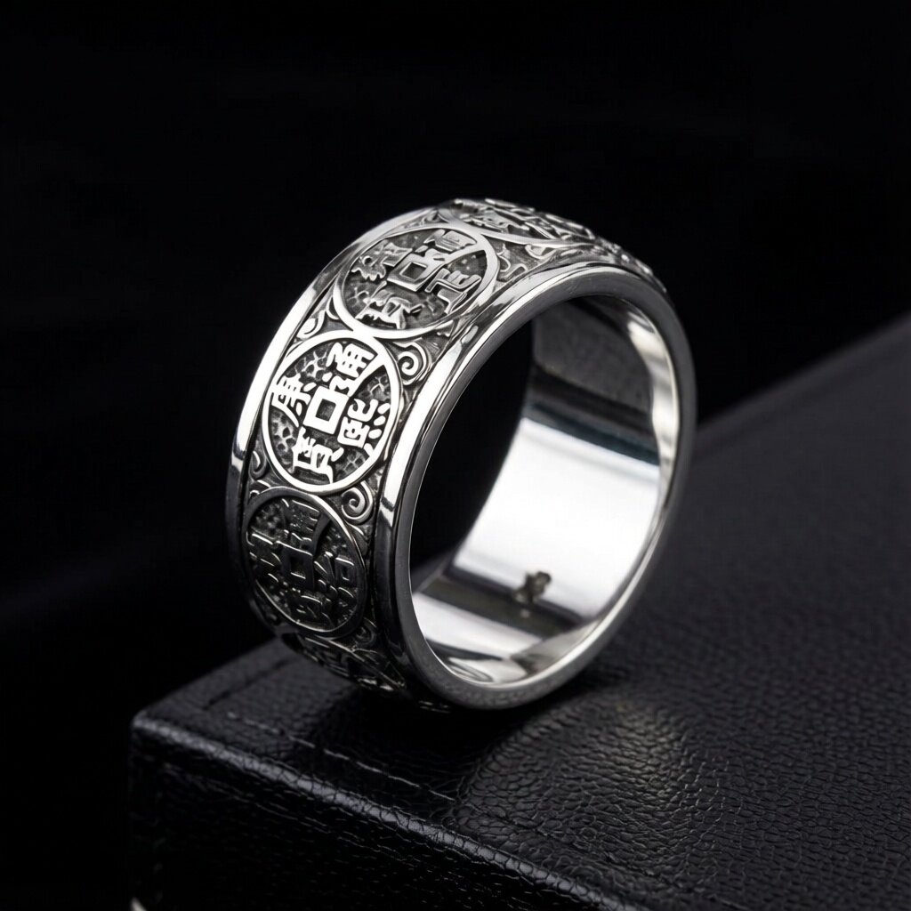 999纯银复古五帝钱币可旋转动戒指祥瑞个性男女指环精致民族轻奢