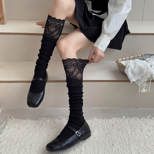 黑色法式 蕾丝袜子女中筒外穿潮秋纯棉长筒袜配靴子 小腿袜2025新款