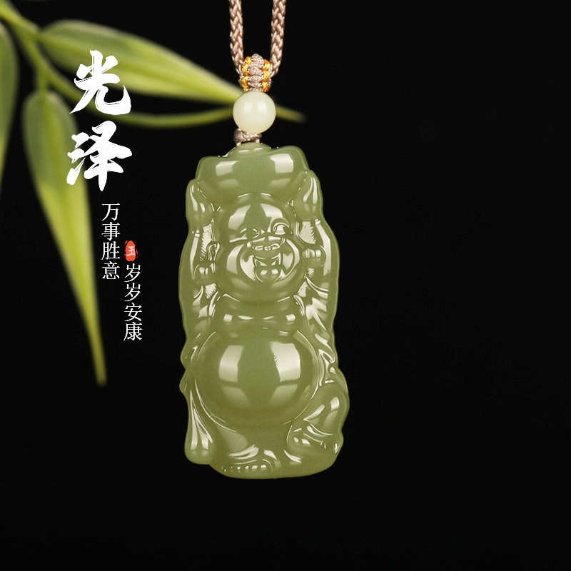 2026天然和田玉晴水绿财神弥勒佛吊坠男女款玉坠玉石玉项链吊坠挂