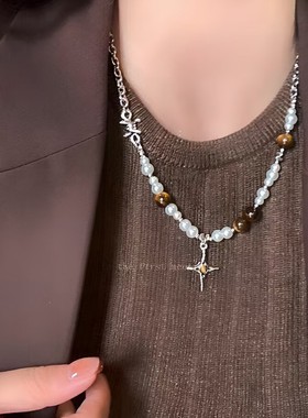 2026秋冬美拉德风复古拼接虎眼石珍珠十字项链小众高级感个性时尚