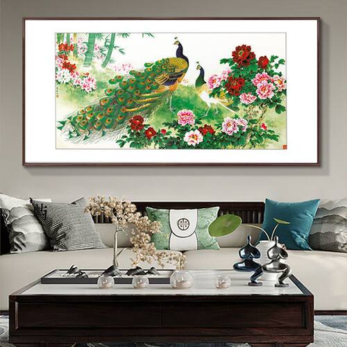 国色天香新中式牡丹画花开富贵客厅装饰画沙发背景墙挂画孔雀壁画