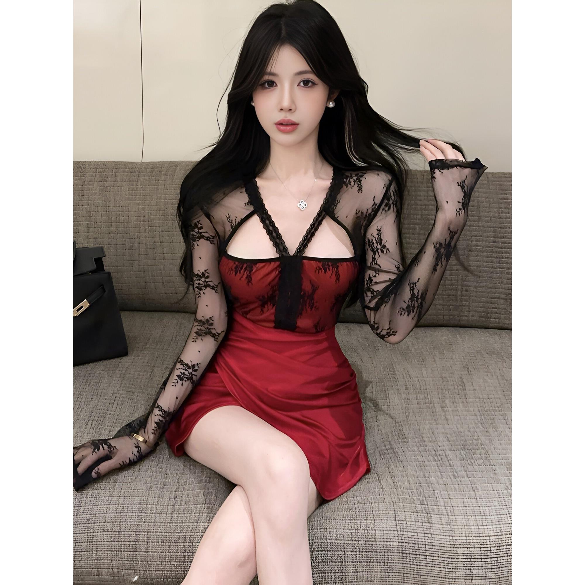 纯欲惊艳魅力蕾丝拼接网纱长袖连衣裙女性感露背修身收腰包臀短裙