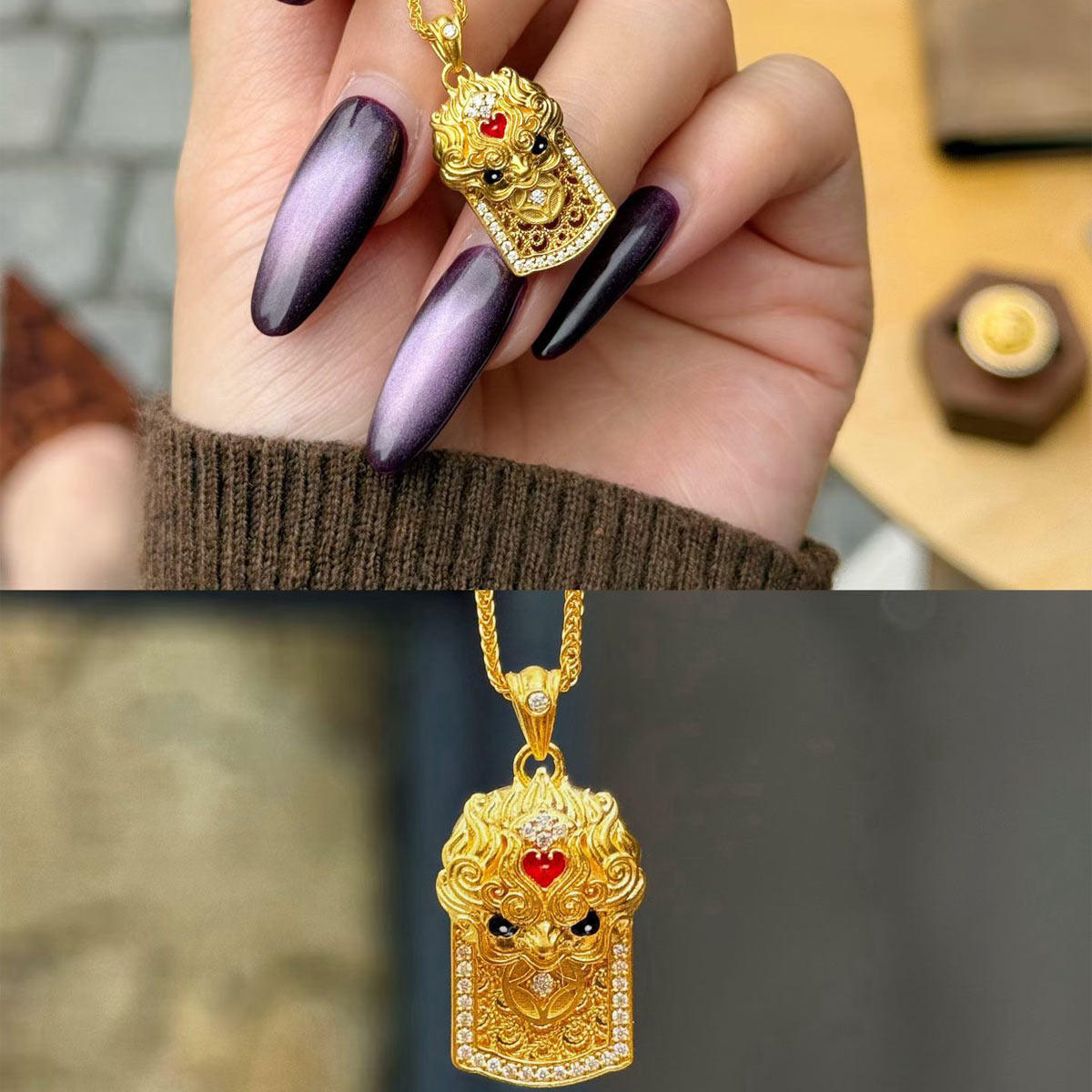 足金999瑞兽麒麟黄金吊珐琅国潮风项链挂坠新款送女友礼物