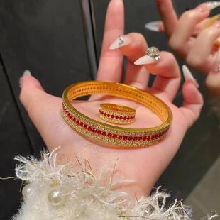 足金99三排满钻红宝黄金手镯莫桑钻镶嵌新款送女友送老婆