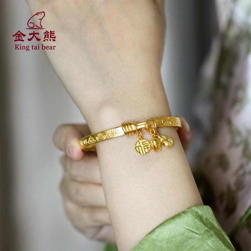 吉言金黄金手镯开口錾刻纯手工打造锤纹足金999实心金镯子送礼物