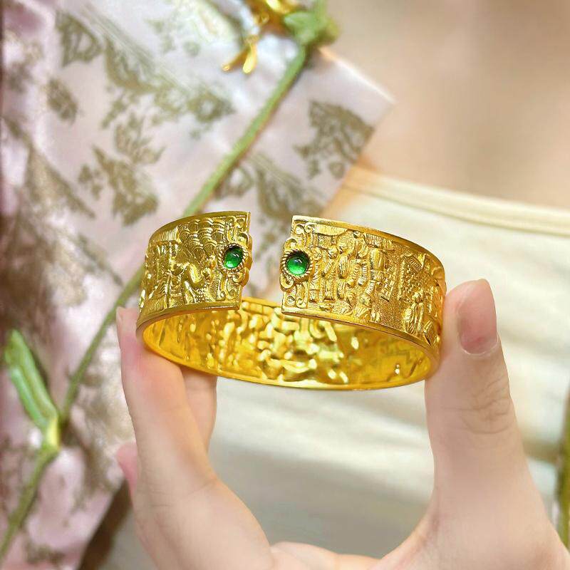 古法錾刻黄金足金999清明上河图开口手镯宽版实心女款水贝黄金