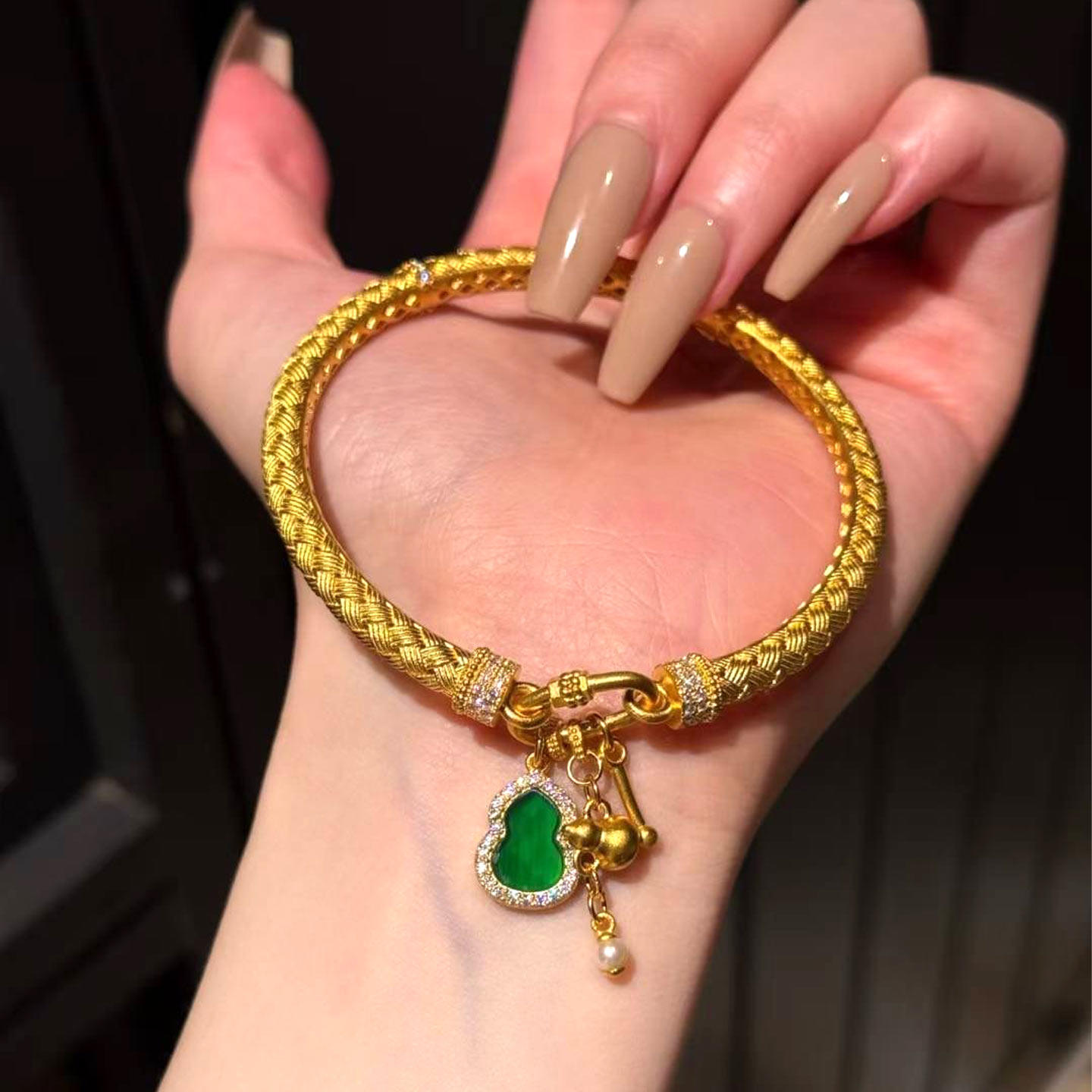 足金999古法点钻麻花编织葫芦黄金手镯女新中式国潮满钻福禄手环