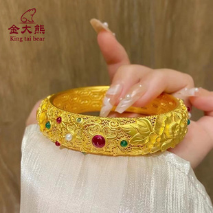 足金999宫廷风古法黄金皇后手镯足金镂空花丝镶嵌金镯子女友